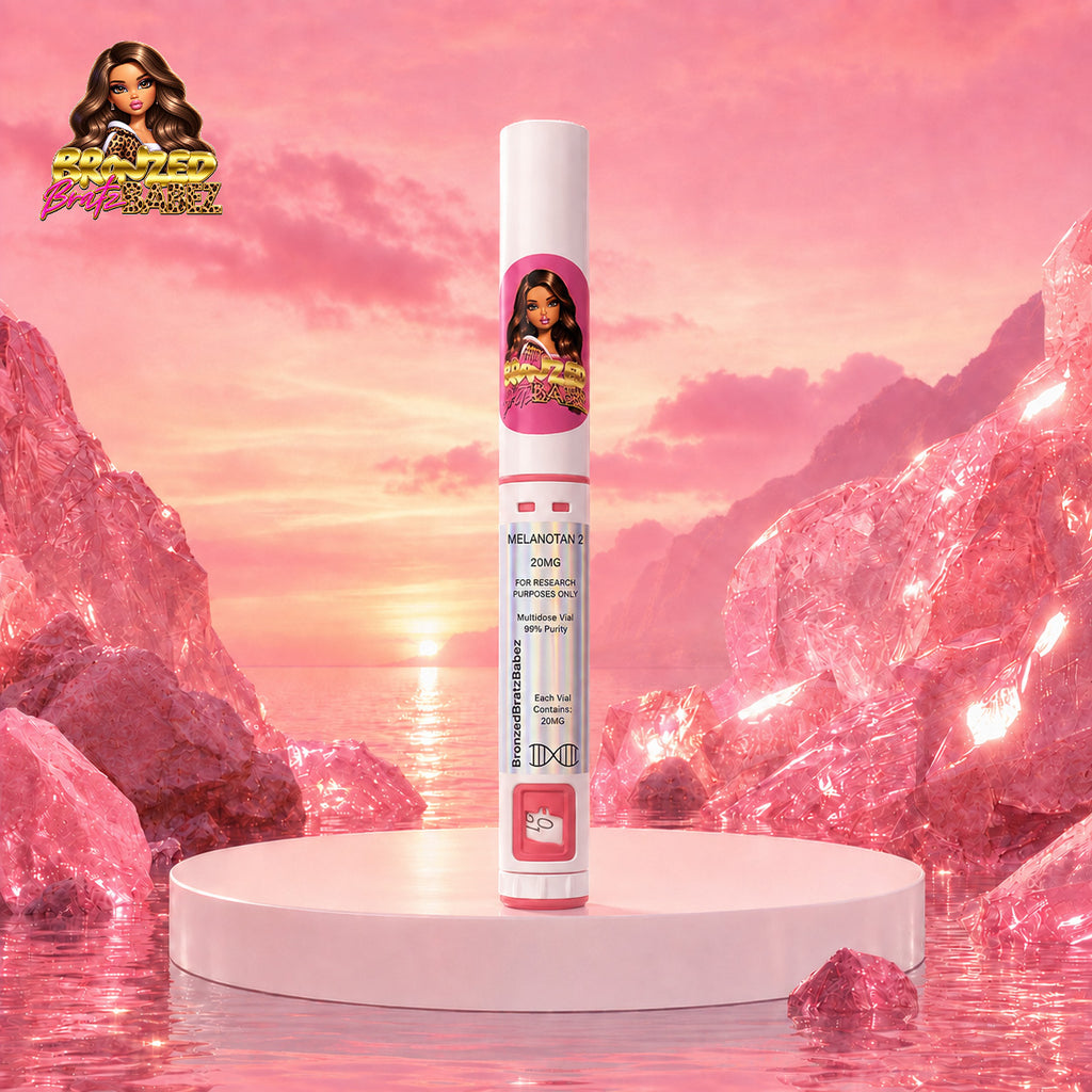 Bronzed Bratz Babez Tanning Pen on a pink crystal beach backdrop